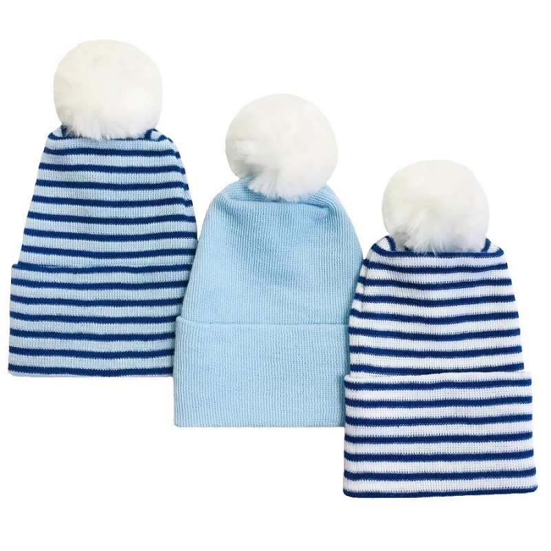 Hats & Caps, Newborn Baby 3 Piece Blue Knit Hat Set with Pom Poms