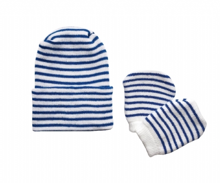 Newborn Baby Navy & White Striped Hospital Hat and Mitten Set