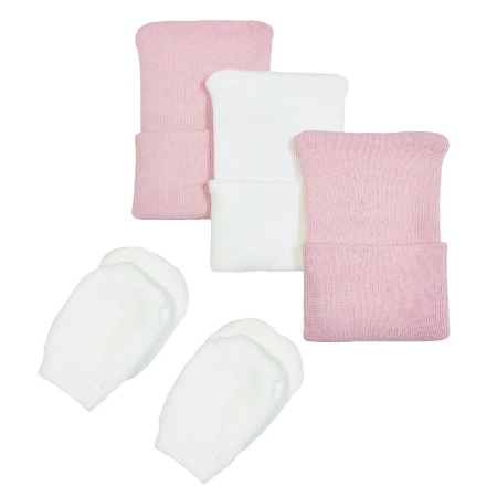 Natural Cotton Pink Hat & No Scratch Mitten Set