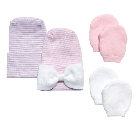 Newborn Baby 2 Pack Purple & Pink Bow Hat Set with 2 Pairs of Mittens