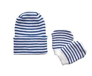 Newborn Baby Navy & White Striped Hospital Hat and Mitten Set