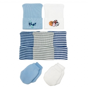 Newborn Boy Airplane & Sports Hospital Hat & Mitten Set