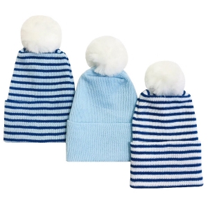 Newborn Baby 3 Piece Blue Knit Hat Set with Pom Poms