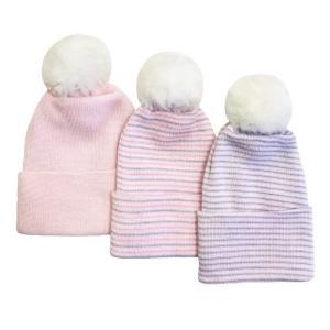 Newborn Baby 3 Piece Pink Knit Hat Set with Pom Poms