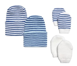 Newborn Baby Boy Navy & Blue Hats with 2 Pairs of Mittens